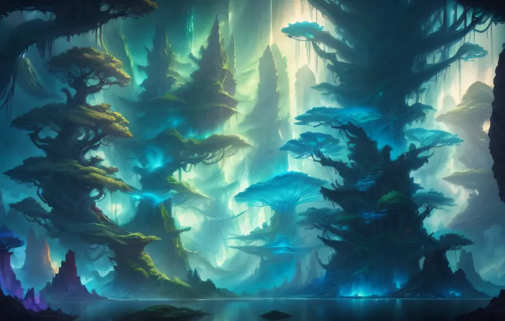 A mystical and epic landscape, featuring a fantastical and surreal world of floating islands, giant trees, and mythical creatures, that transport the viewer to a world of imagination and wonder, artstation, digital art, intricate, trending, bright colors,4...