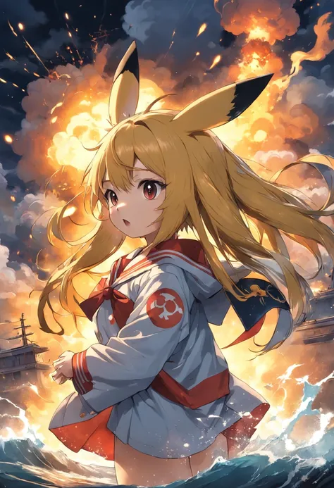 Master Parts,Best Quality, Illustration, Pikachu in a Japan sailor suit,beautiful detailed brightness,(flame of war:1.2),(Nuclear explosions are hidden:1.3),Sateen,Detailed Lighting,detailed water,(beatiful detailed eyes:1.1),No Expression,