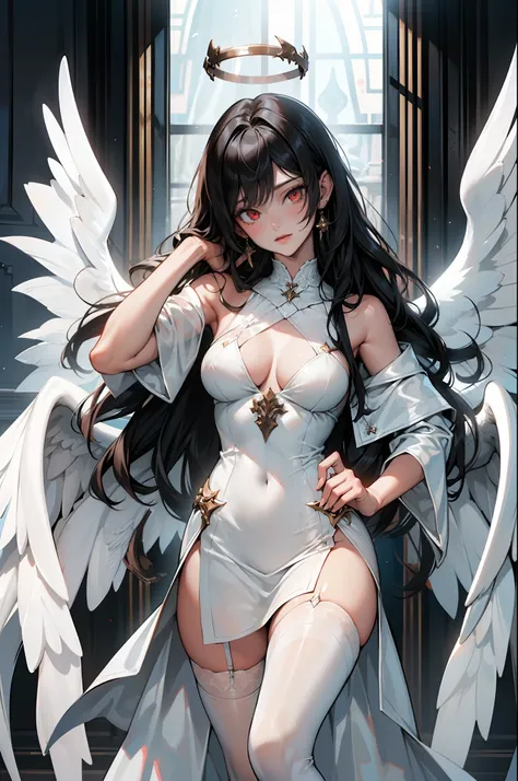 ((sfw)),(masterpiece, best quality),((high resolution 4k)), 1lady, solo, (white Scales, body cover with  scales), halo, wings,fallen angel, black hair, loose waves, red eyes,white sheer clothings,white transparent lingerie,white stockings,white thigh highs