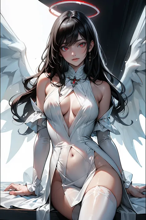 ((sfw)),(masterpiece, best quality),((high resolution 4k)), 1lady, solo, (white Scales, body cover with  scales), halo, wings,fallen angel, black hair, loose waves, red eyes,white sheer clothings,white transparent lingerie,white stockings,white thigh highs