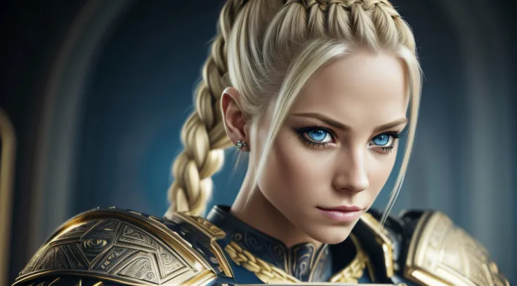 Solo, Avril Lavigne, (French Braided long Ponytail), ((gold and blue aztec drop down breast plate armor:1.1)), seductive, platinum blonde, (blonde:1.1), sexy, small chest, small breasts, highly detailed eyes, ((realistic)), ultra detailed, ((real image)), ...