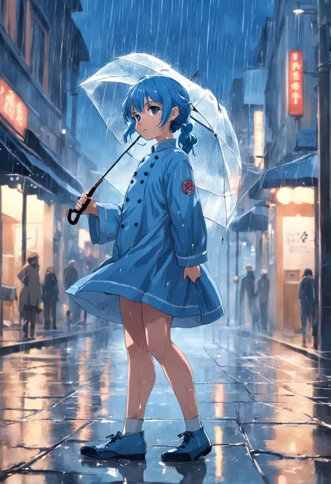 "Chef-doeuvre, beste-Qualit, 1 fille, fille sous la pluie, temperate costume, cheveux bleus, ciel orageux, Sparkling rain, Reflection on the sidewalk."