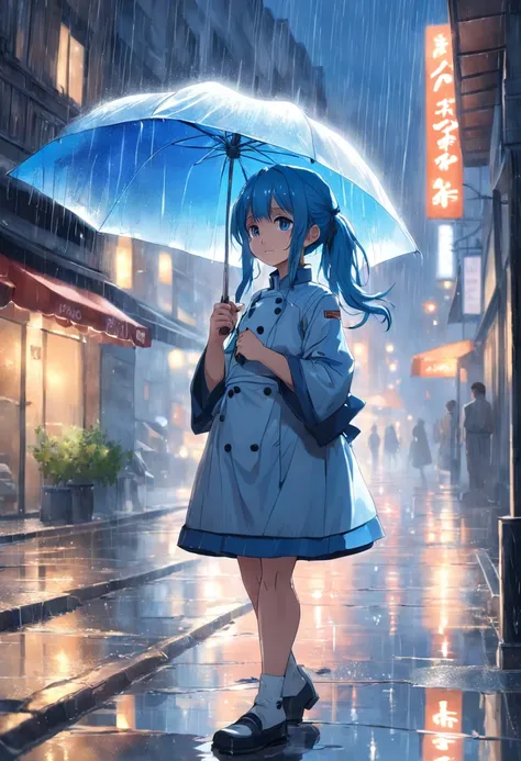 "Chef-doeuvre, beste-Qualit, 1 fille, fille sous la pluie, temperate costume, cheveux bleus, ciel orageux, Sparkling rain, Reflection on the sidewalk."