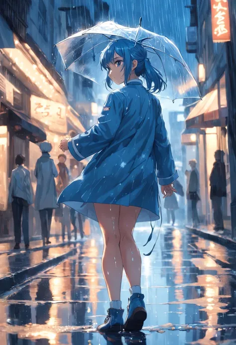 "Chef-doeuvre, beste-Qualit, 1 fille, fille sous la pluie, temperate costume, cheveux bleus, ciel orageux, Sparkling rain, Reflection on the sidewalk."