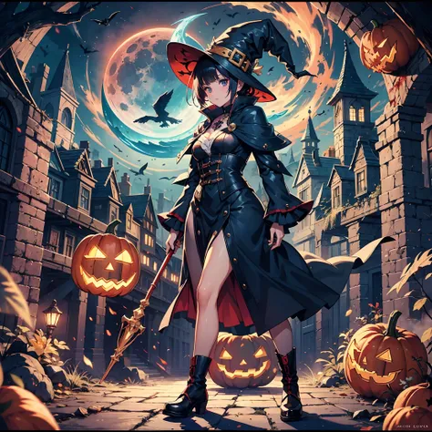 sorceress woman，Wizards Hat，Staff，The raven landed on the shoulder，Jack-o-lantern，Blood-red moon