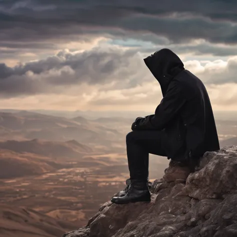 Sit high on a cliff, Look up into the distance, A teenager with his hands on his knees, Wear a black hood and black trench coat, The time is dusk, god light, god rays, from side