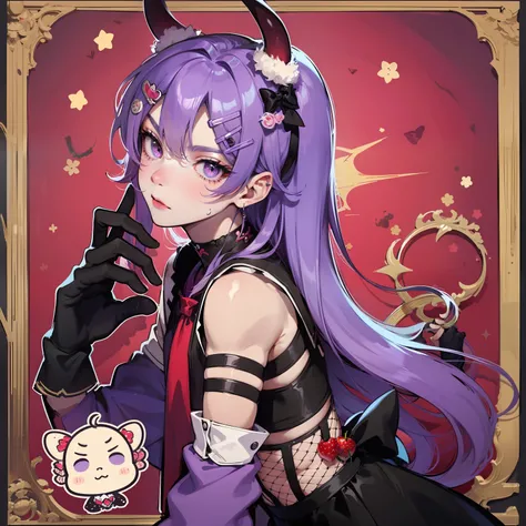 1boy, in gothic black and purple clothes, decora accesories, many hairclips, fishnet gloves, simple background with pattern, strawberries and cherries are part of the theme, cute perfect face, big eyes, serious expressions, has devil horns and tail, young ...