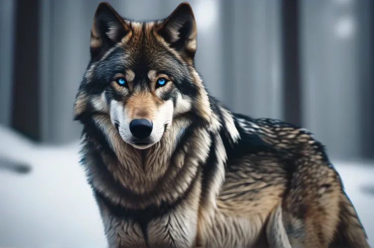 Generate an ultra-realistic, photographic image in 8k resolution featuring a dark-furred wolf with piercing blue eyes and an intense gaze. The wolfs face should be intricately detailed. The background should showcase a dense forest, intentionally blurred t...