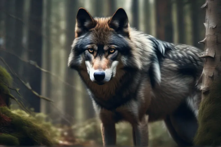 Generate an ultra-realistic, photographic image in 8k resolution featuring a dark-furred wolf with piercing blue eyes and an intense gaze. The wolfs face should be intricately detailed. The background should showcase a dense forest, intentionally blurred t...