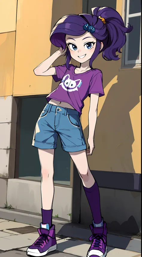 masterpiece,best quality,1girl,solo,mlprarity,colored skin,hair ornament,messy hair,purple hair,blue eyes, tomboy, tomboy outfit, tomboy clothes, manly clothes, posing, full body, smile