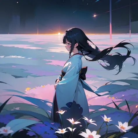 In the darkness、Flowers bloom profusely。Woman in kimono standing。In the moonlight、Her presence is、Feels like a halfway point between dream and reality。The pattern of her outfit and the color of the flowers are in perfect harmony.、Forming one amazing landsc...