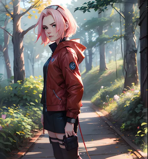 Sakura haruno, ((solo)), alone, ((forehead the show)), elegant, red coat, pink hair, delicate, young, short hair, detailed face, high definition, ((full body)), (flames around you), ((flaming)), fire, fire, in a forest, trend in artstation, by rhads, andre...