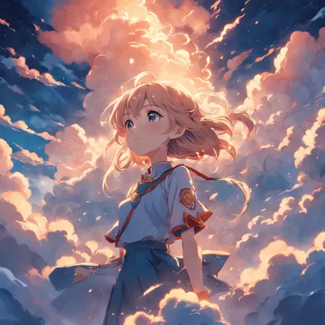 masterpiece, best quality, movie still, 1girl, cloud girl, floating in the sky, close-up, bright, happy, warm soft lighting, sunset, (sparks:0.7)