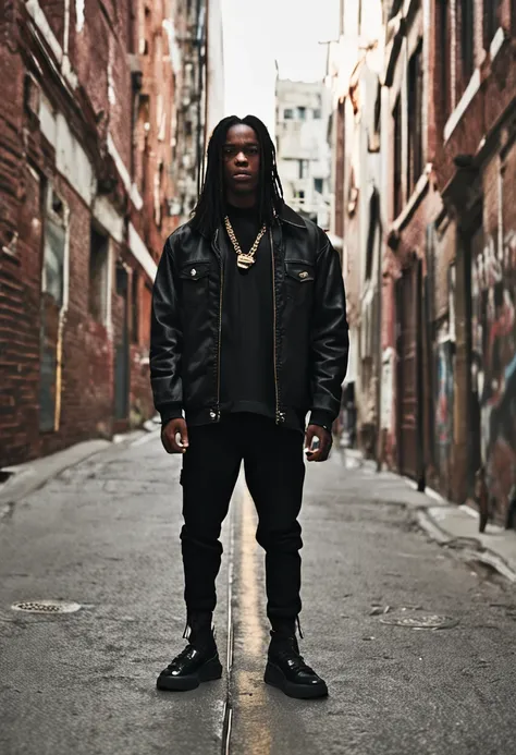 dark-skinned boy, black long hair, adidas turtleneck jacket, heavy chain necklace, badass pose