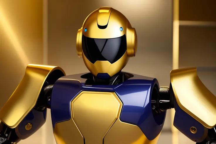 Male humanoid robot with name in gold DEMIBOT written in gold