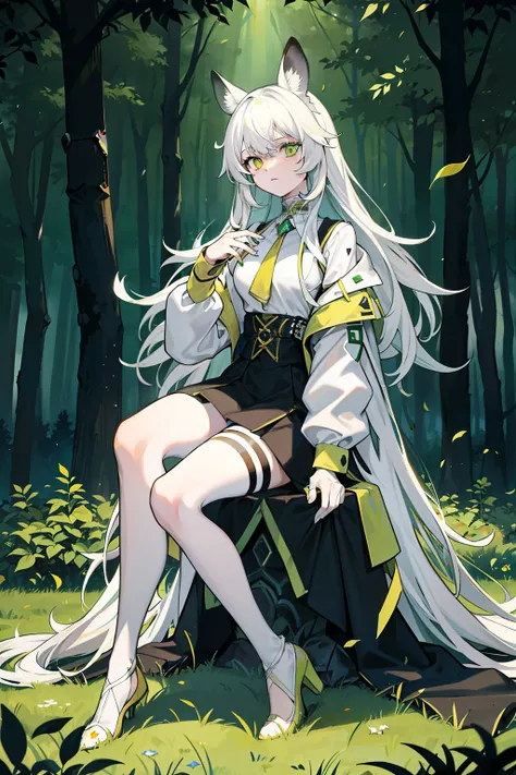 long  white hair，The eyes are one yellow and one green，femele，Adults，Sit on the lawn，The clothes are more cyberpunk，The background is forest，Play with fawns