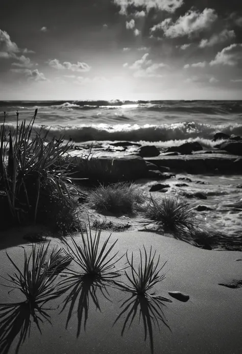 Fotografia en blanco y negro, playa solitaria, Close-up with herbs bathed in sunset light. fondo de un mar en calma, horizonte con el sol cayendo por el lado derecho de la imagen, objetivo 35 mm