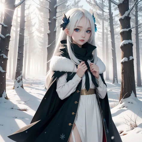 long white hair,red eye,angel with blue wing,blue long dress,winter forest,cute anime girl,winter cape, mist around her