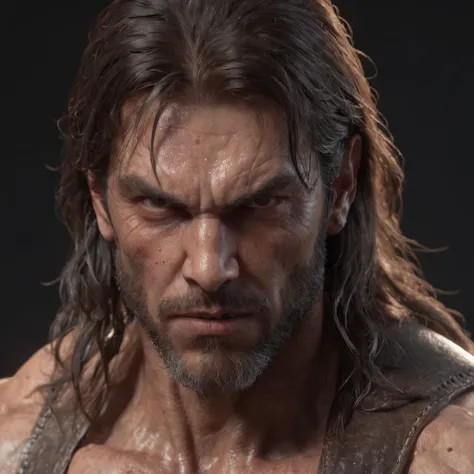 (professional 3d render:1.3) af (Realistic:1.3) most beautiful artwork photo in the world，Features soft and shiny male heroes, ((Epic hero fantasy muscle man rough wet hero angry look long hair short beard and ferocious expression in dynamic pose, Fantasti...