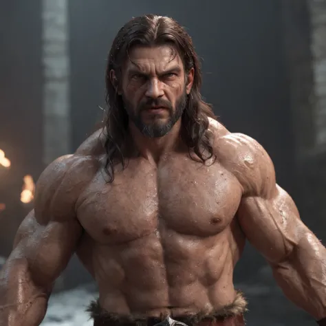 (professional 3d render:1.3) af (Realistic:1.3) most beautiful artwork photo in the world，Features soft and shiny male heroes, ((Epic hero fantasy muscle man rough wet hero angry look long hair short beard and ferocious expression in dynamic pose, Fantasti...