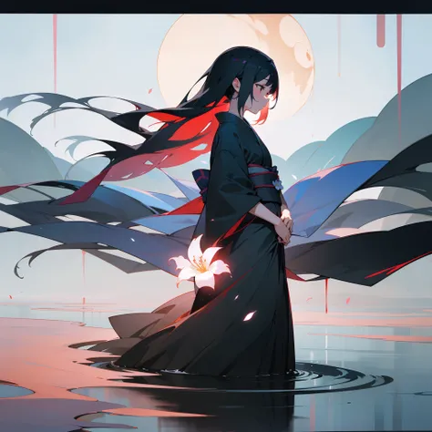 In the dark、Woman in kimono standing quietly、A flower that gives its last in her hands、The color of the flowers is bright、Glowing faintly in the dark、Feel the disappearing life、Sorrow and despair between life and death、She herself seems to float on the bor...