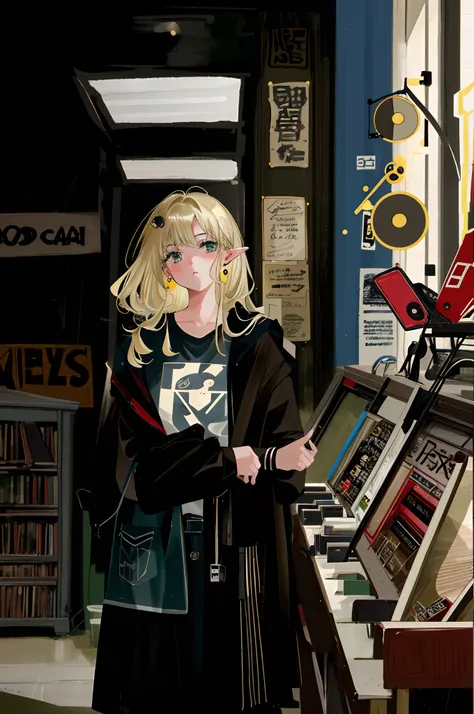 Girl standing in room with bookshelf, girl in a record store, nostalgic ambiance, vinyl, eva elfie, Record rotation, lofi-girl, taken in 2 0 2 0, Vintage atmosphere, vintage-inspired, gorgeous woman, Music Records, Nostalgic atmosphere, stunning visuals, H...