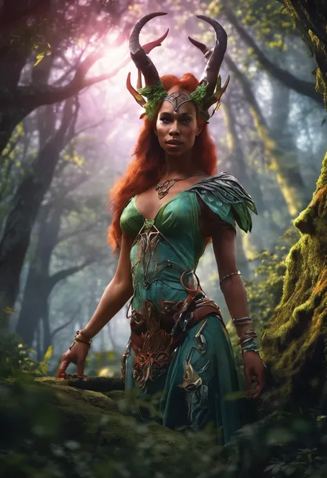 Woman with horns and bra in the woods, The Attractive Druid Tiefling, The alluring druid Tiefling, epic fantasy art style, epic fantasy art style hd, detailed digital 2d fantasy art, detailed fantasy art, portrait of an elf queen, epic fantasy style art, e...