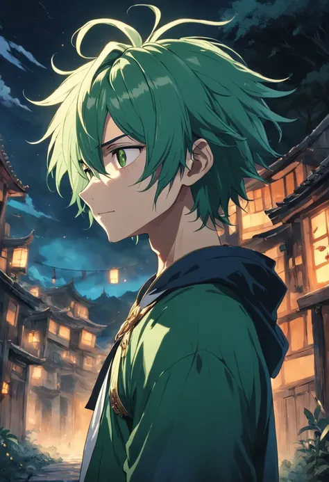 Anime,2d, cabelo verde, Adulto, 20 anos, comerciante, fazendeiro, pobre, medieval , sorrindo, graves, triste foco no rosto, homem, melhor qualidade, obra prima, 8k, 32k