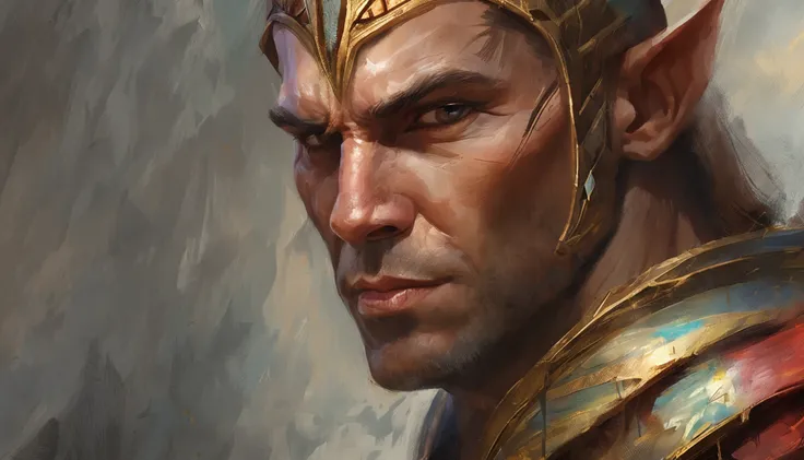 Cover design, Male Elf Paladin, expression serious, upper body intensity, master part, best quality, ultra-detailed, Beautiful cinematic lighting, intricate details, Looking at the Viewer, Depth of field-AR 2:3-s 200