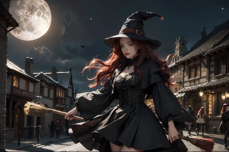 A witch flying over a Medieval town in a broom. She wears a ponty hat, multilayered dress in dark colors, wavy messy red hair, gothic make-up. Full Moon night, medieval town as background. Illuminated by moonlight and lamps in the town.