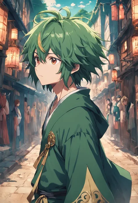 Anime,2d, cabelo verde, Adulto, 20 anos, roupas brancas, comerciante, fazendeiro, medieval , sorrindo,  homem, melhor qualidade, obra prima, 8k, 32k, fundo vilarejo