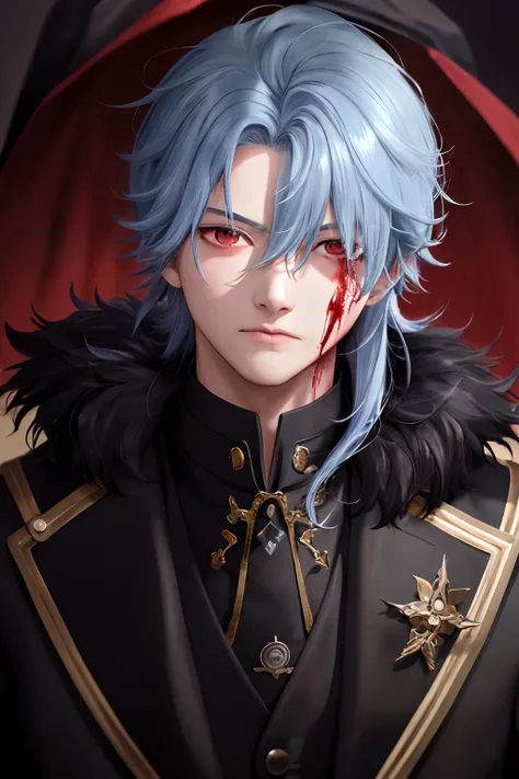 medical doctor, (Genshin Impact), 1boy, black pointed mask, light-blue hair, fur-trimmed coat, male focus, blood on the clothes, bloods, 独奏, Detailed Face, looking a viewer, red-eyes, potrait, upper-body, Dark, night time, luna, woods, (Masterpiece:1.2, Be...