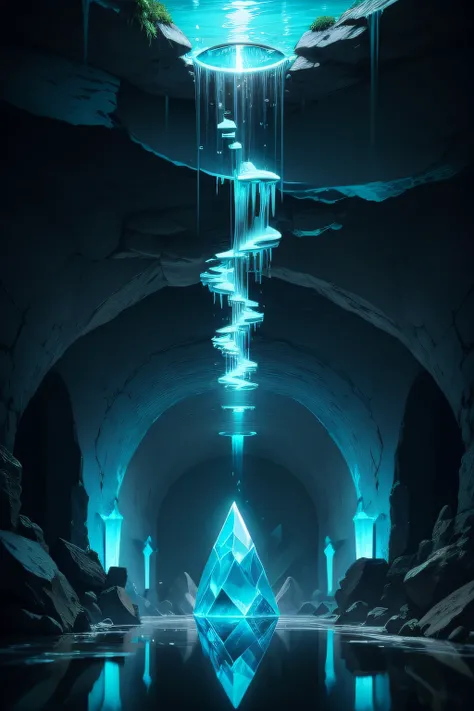 Underground crystal, cool reflective light, cyan river, small waterfall