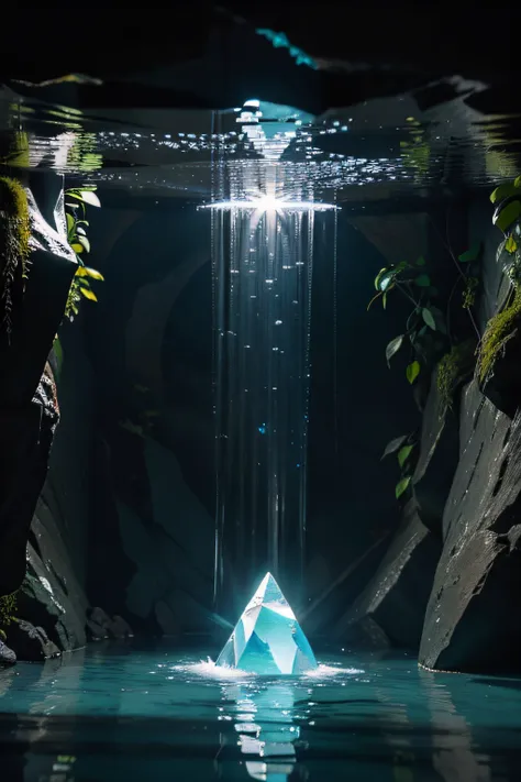 underground crystal, cool reflective light, cyan river, small waterfall