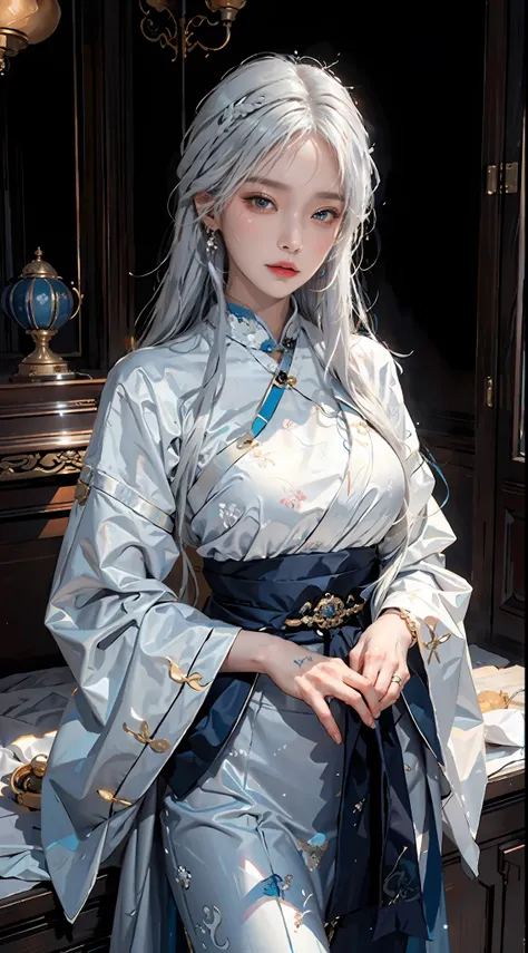 photorealistic, high resolution, soft light,1women, solo, hips up, shining skin, (detailed face), jewelry, tattoo, blue taoist hanfu, white hair