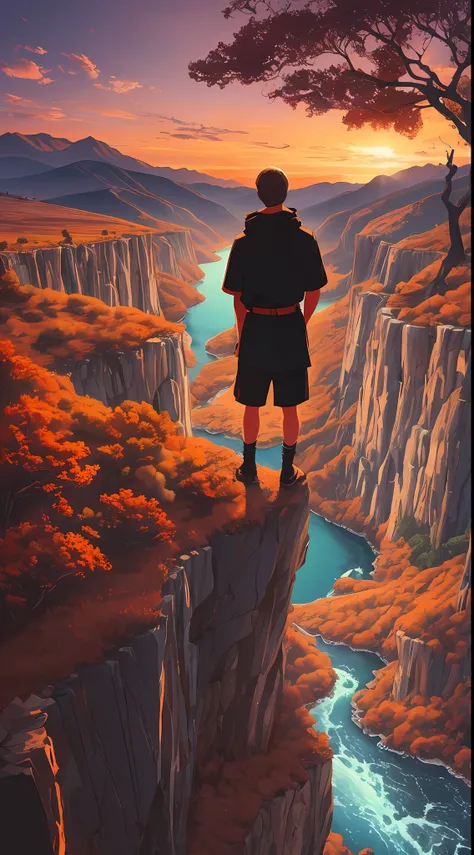 illustration style with color palette of orange, black, red and white , jesus on a cliff looking at the horizon watching the sunset with many trees around, mountains in the background and a river passing in the middle bright colors, high definition, fine d...