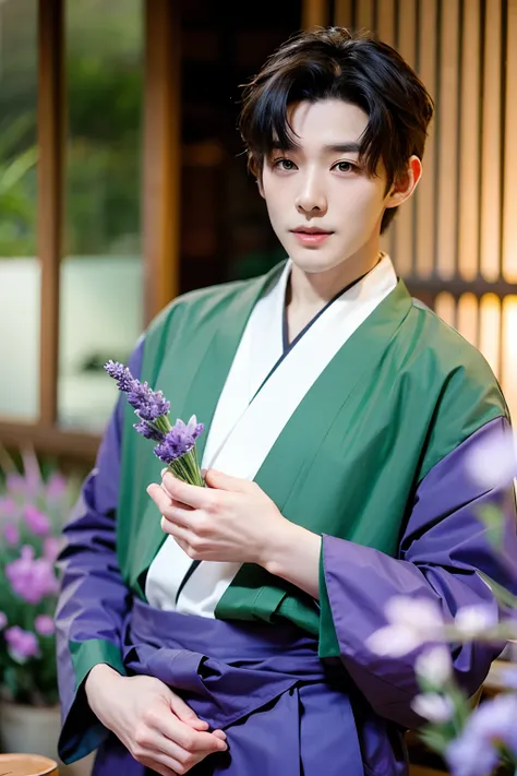 men wearing green hanfu holding lavender in his hand