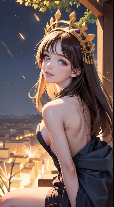 1girl,herry blossoms, 1girl, tree, solo, aurora, fireworks, long_hair, fireflies, light_particles, pine_tree, snowflake_background, milky_way, aerial_fireworks, headdress, arms behind body, blue_eyes, smile, face focus,photorealistic:1.4 detailed face,deta...