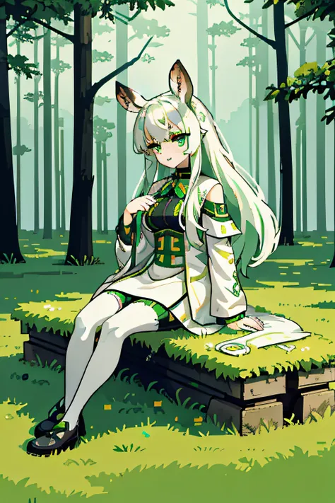 long  white hair，The eyes are one yellow and one green，femele，Adults，Sit on the lawn，The clothes are more cyberpunk，The background is forest，Play with fawns