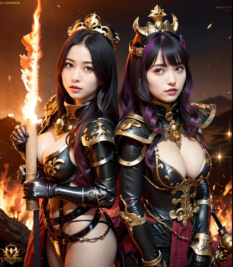 (masutepiece), Professional , ​masterpiece、top-quality、photos realistic , depth of fields （Dragon Black Metal Body:1.９),(Matte purple、（cleavage of the breast）、Dragon Gold Weapon、（bikini-armor),Gorgeous gold weapons ,（（ Dragons dense and gorgeous sword）） , ...