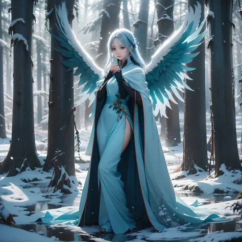 "an angelic anime girl with long, flowing white hair, captivating red eyes, and elegant blue wings. she is dressed in a beautifu...