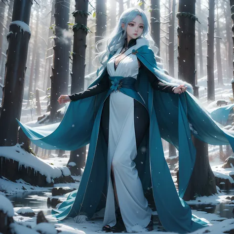 "An angelic anime girl with long, flowing white hair, captivating red eyes, and elegant blue wings. She is dressed in a beautiful blue gown, standing in a serene winter forest. She wears a winter cape, and there is a gentle mist surrounding her."