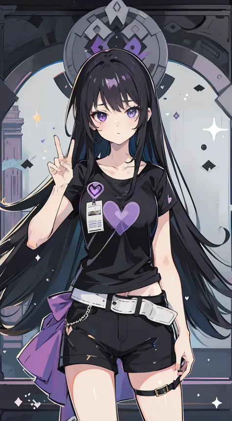 Anime girl, medium-long black hair, black and purple shirt, black shorts with black belt, black heart leg strap