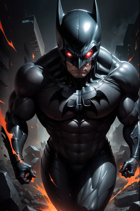 "Symbiote-infused Batman embracing his dark power, exuding a sinister aura with glowing red eyes and a black, liquid-like suit. Showcasing intense action and dynamic poses, capture the essence of his symbiotic transformation in a high-quality, detailed CG ...