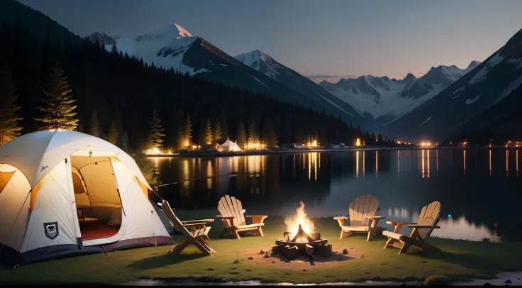 camping，lamplight，lakeside，Warmth，gatherings，lawns，white colors，Wooden table, chairs and benches，bivouac，