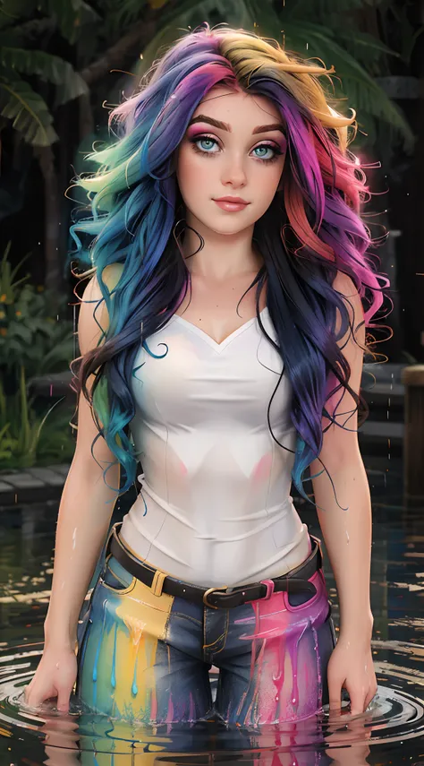 a woman with colorful hair standing in a stream of water, the curls are smeared with paint of different colors rainbow, a cute and beautiful young woman, hyper real photo, she is wearing a wet coat, beautiful young catgirl, dripping technique, discord pfp,...