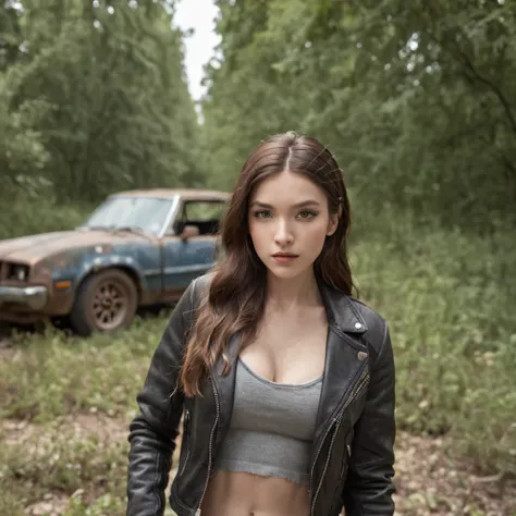 A portrait image of a young, woman with big breasts, dressed in a trendy jeans crop top and leather jacket, gracefully posing amidst the desolation of a dystopic environment filled with abandoned cars and overgrown vegetation. The photograph showcases her ...