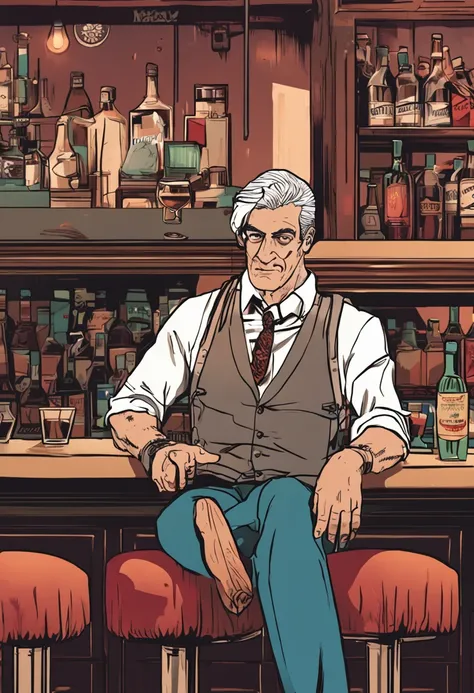 Personagem de anime, mafioso, homem jovem, sentado em uma cadeira, dentro de um bar, format 3840 × 2160