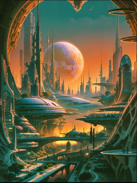 Future City at sunset Roger Dean Style