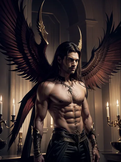 "Stunning masterpiece depicting Lucifer in the highest quality CG art, showcasing intricate details, dynamic angles, and poses. The artwork features a mesmerizing depiction of Lucifer with piercing eyes, adorned in stylish and elegant attire. The scene is ...